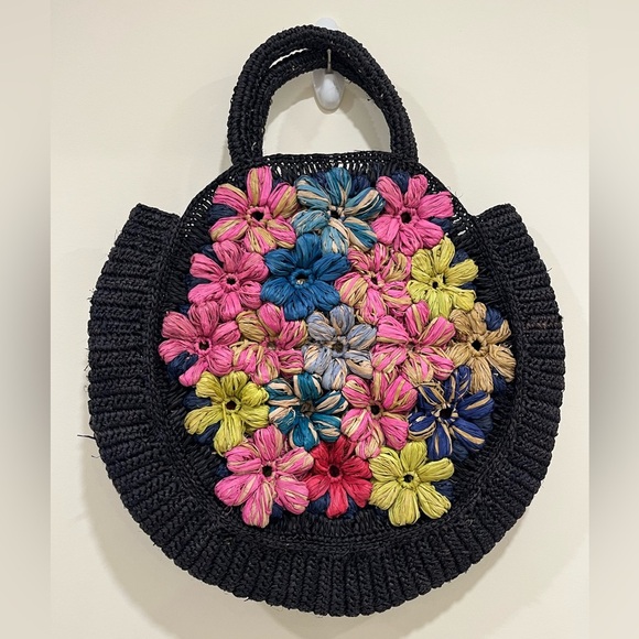 Raffia Floral Crochet Round Handbag - Picture 2 of 10